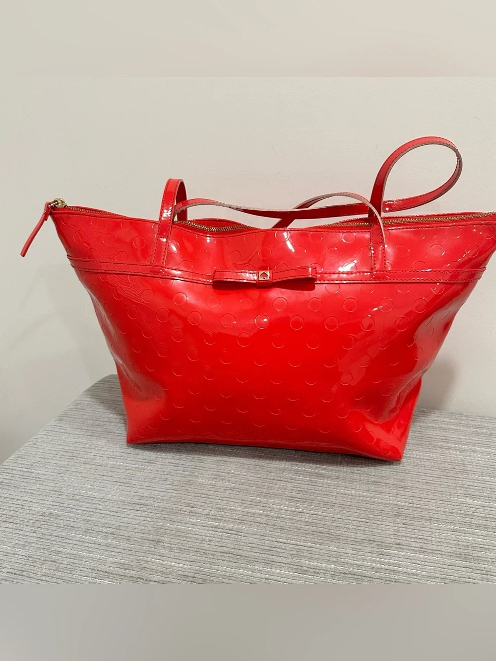 Kate Spade New York Large Red Vinyl Circle Pattern Tote Bag